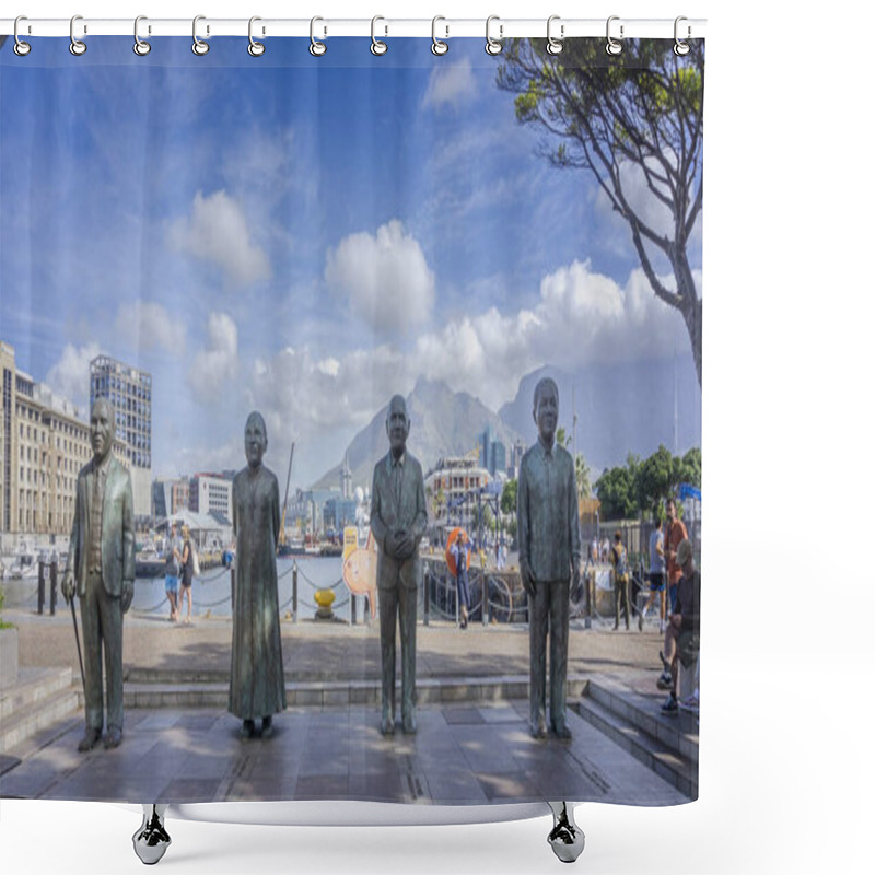 Personality  Bronze Sculptures Of The Four Nobel Peace Prize Laureates, Nelson Mandela, FW De Klerk, Desmond Tutu And Alfred Luthuli, Infront Of Table Mountain, At Nobel Square, In The  V&A Waterfront In Cape Town, South Africa On 5 December 2024 Shower Curtains