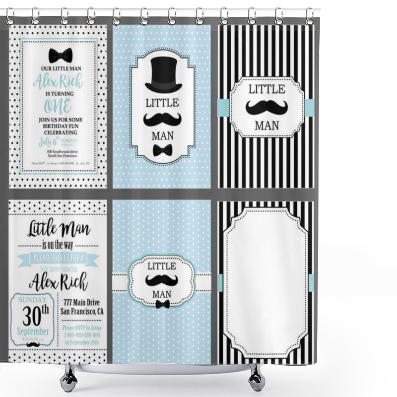 Personality  A Set Of Blue, White And Black Templates For Invitations. Collection Of Invite Cards Can Be Use For Party(baby Shower, Father's Day, Wedding, Birthday) Little Man Vintage Style. Frames For Boy's Photo Shower Curtains