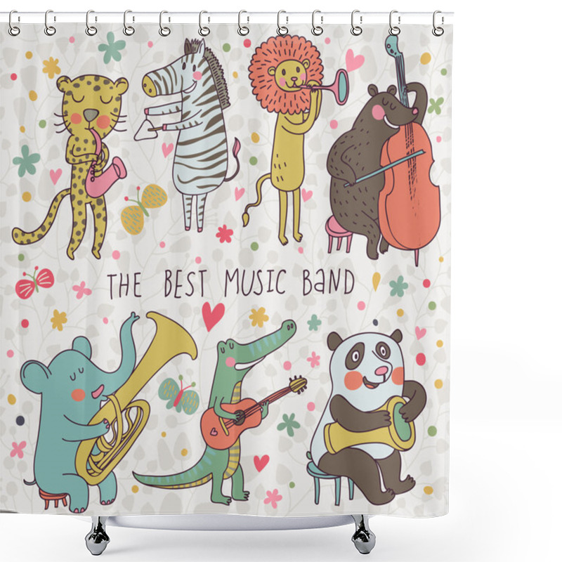 Personality  Animals - Musicians. Leopard, Zebra, Panda, Bear, Lion, Elephant, Crocodile Are Playing On Classical Musical Instruments. Cartoon Vector Set Shower Curtains