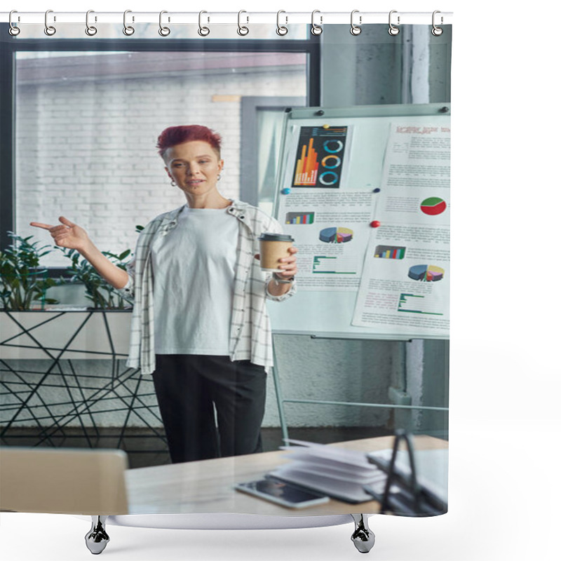 Personality  Queer Person With Coffee To Go Talking Near Flip Chart With Graphs During Online Call On Laptop Shower Curtains