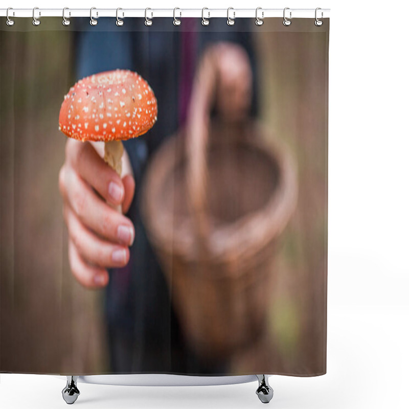 Personality  Female Holding Amanita Muscaria Mushroom, Commonly Known As The Fly Agaric Or Fly Amanita, Is A Basidiomycete Of The Genus Amanita. Shower Curtains