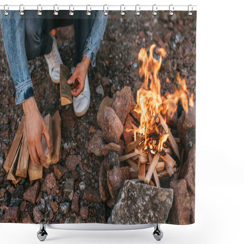 Personality  Cropped View Of Man Touching Wooden Log Near Burning Bonfire Shower Curtains