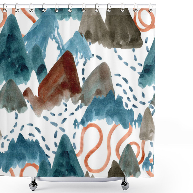 Personality  Watercolor Mountain Art Background. Abstract Landscape Seamless Pattern. Hand Painted Winter Illustration For Minimal Design Shower Curtains