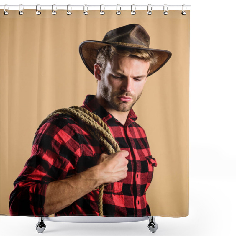 Personality  Western Life. Man Cowboy Beige Background. Man Wearing Hat Hold Rope. Ranch Occupations. Lasso Tool Of American Cowboy. Lasso Is Used In Rodeos Part Competitive Events. Lasso Can Be Tied Or Wrapped Shower Curtains