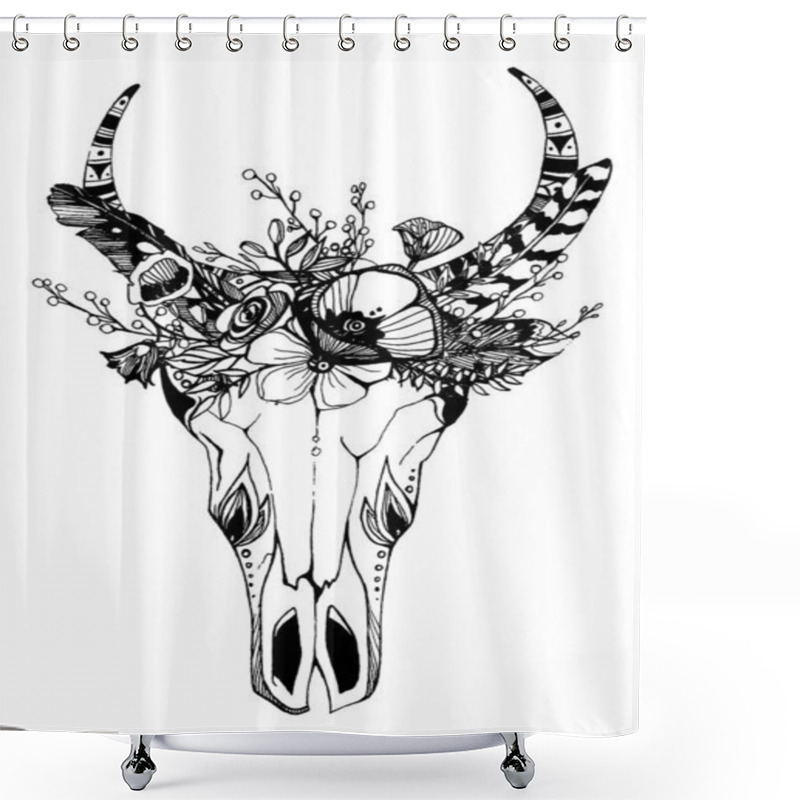 Personality  Cow, Buffalo, Bull Skull In Tribal Style With Flowers. Bohemian, Boho Vector Illustration. Wild And Free Ethnic Gypsy Symbol. Shower Curtains