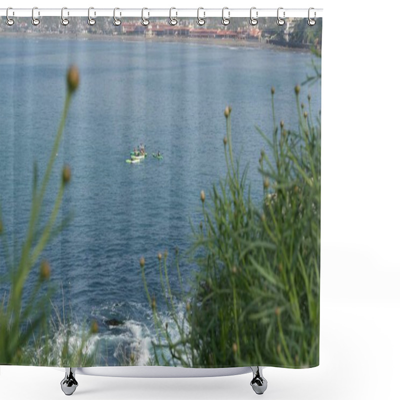 Personality  La Jolla, San Diego, CA USA -24 JAN 2020: Group Of People On Kayaks In Ocean, Active Tourists On Canoe Paddling And Looking For Seals. View From Steep High Cliff. Leisure During Vacations And Holidays Shower Curtains