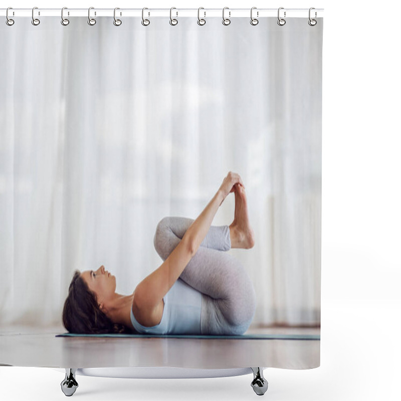 Personality  Side View Of Fit Slim Yogi Girl In Happy Baby Yoga Pose. Yoga Studio Interior. Shower Curtains