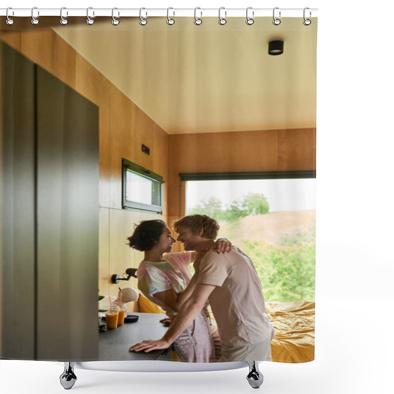 Personality  Happy Multicultural Couple Hugging While Standing In Kitchen Of Country House With Forest View Shower Curtains