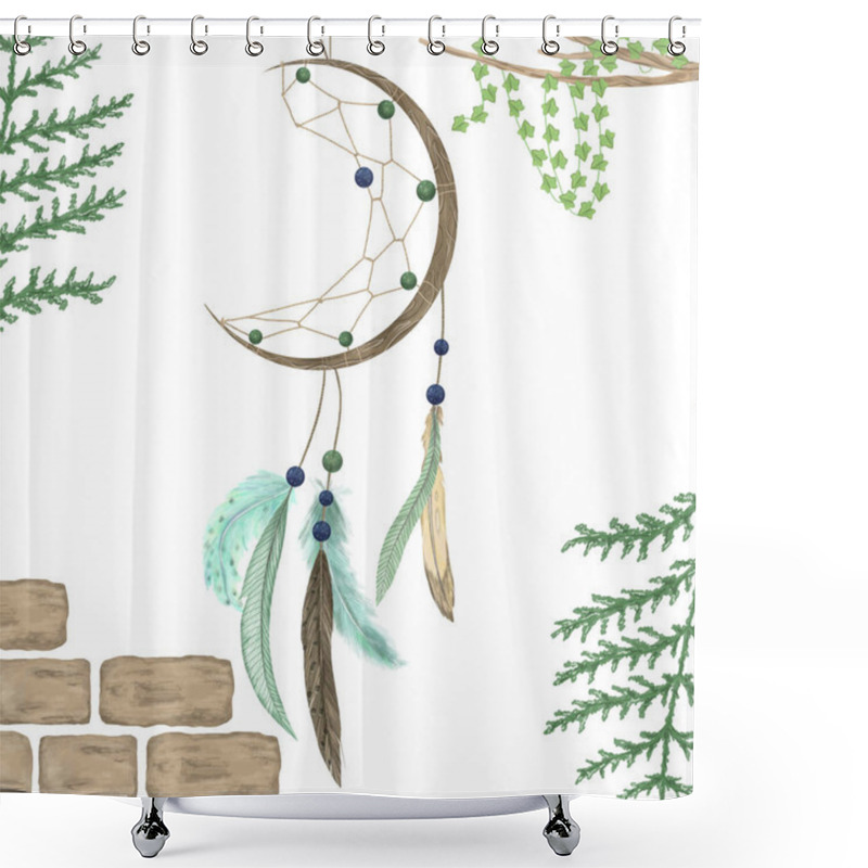 Personality  Dream Catcher With Feathers And Ribbon Blue Red Digital Art Illutration Tribal Drawing Boho Party Print Greeting Card Ready Geometric On White Background Shower Curtains