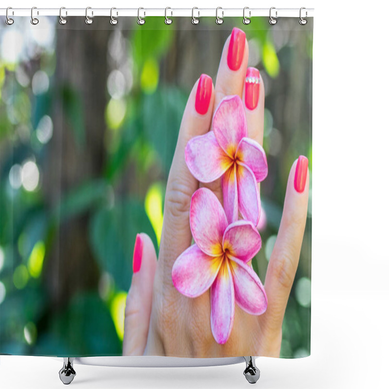 Personality  Plumeria Frangipani Flower In Woman Hand On A Beautiful Nature Background Shower Curtains