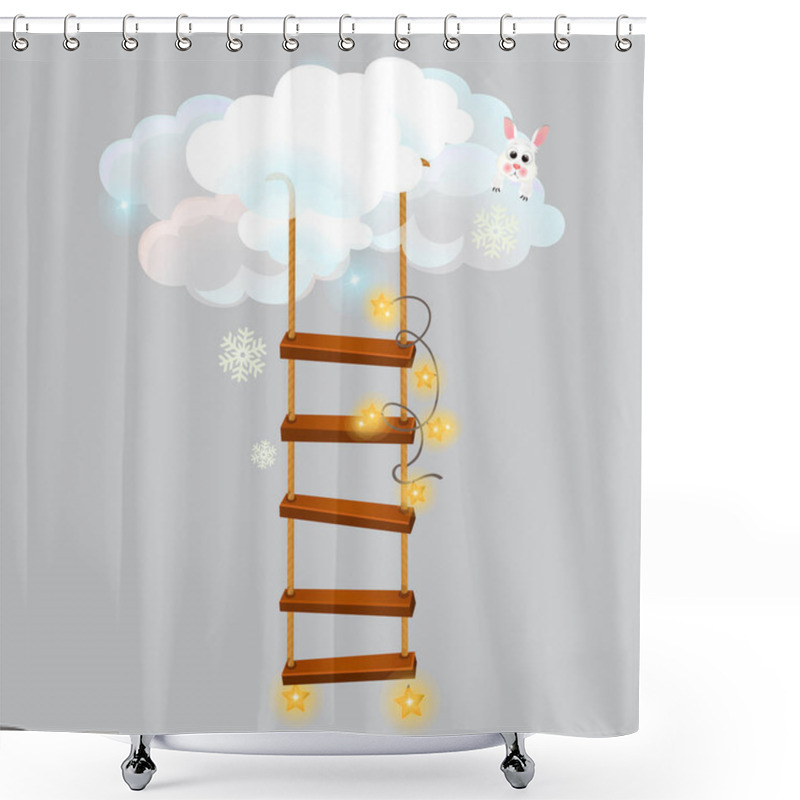 Personality  The Hanging Ladder Leading Into The Snow Clouds Isolated On Grey Background. Sketch For Greeting Card, Festive Poster Or Party Invitations. Vector Cartoon Close-up Illustration. Shower Curtains