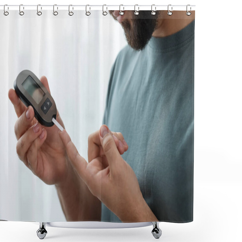 Personality  Diabetes Test. Man Checking Blood Sugar Level With Glucometer At Home, Closeup Shower Curtains