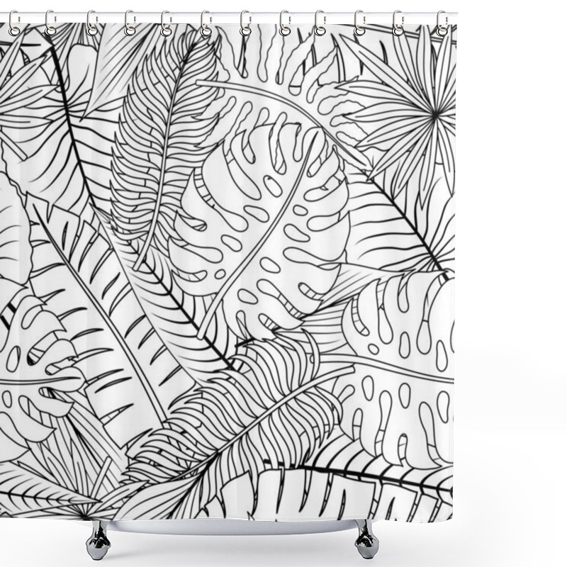 Personality  Seamless Pattern With Contour Lines Of Tropical Leaves On A White Background. Shower Curtains