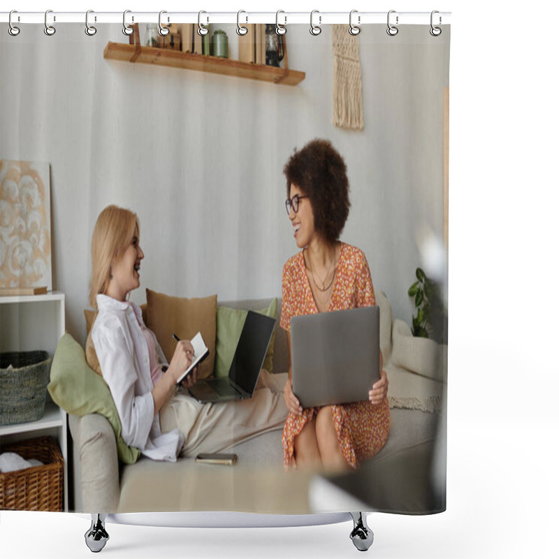 Personality  Two Women, A Lesbian Couple, Work Remotely From Their Home, Laughing And Enjoying Each Others Company. Shower Curtains