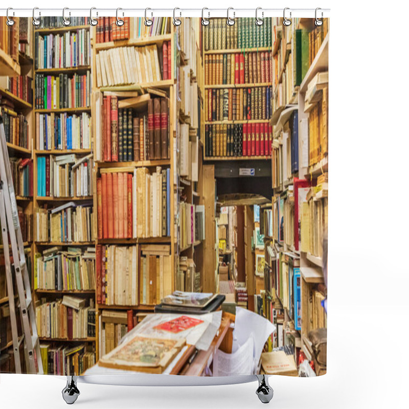 Personality  Europe, France, Haute-Vienne, Limoges. Sept. 5, 2019. Old Books In Shop In Limoges. Shower Curtains