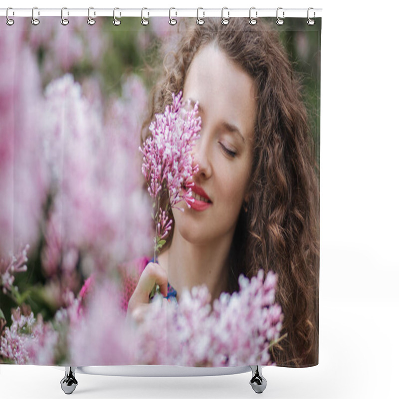 Personality  Woman Around A Lilac Pink Flowers Tree In A Spring Garden Shower Curtains