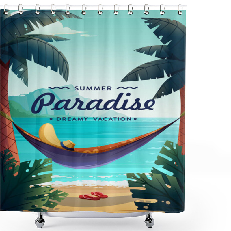 Personality  Tropical Paradise Poster. Seaside View With A Hammock And Palms. Summer Vacation Concept Background. Vector.  Shower Curtains