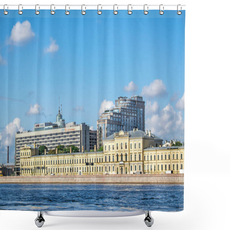 Personality  St. Petersburg, Russia, Summer 2019: Neva River, Pirogovskaya Embankment, The Building Of The Military Clinical Hospital Shower Curtains