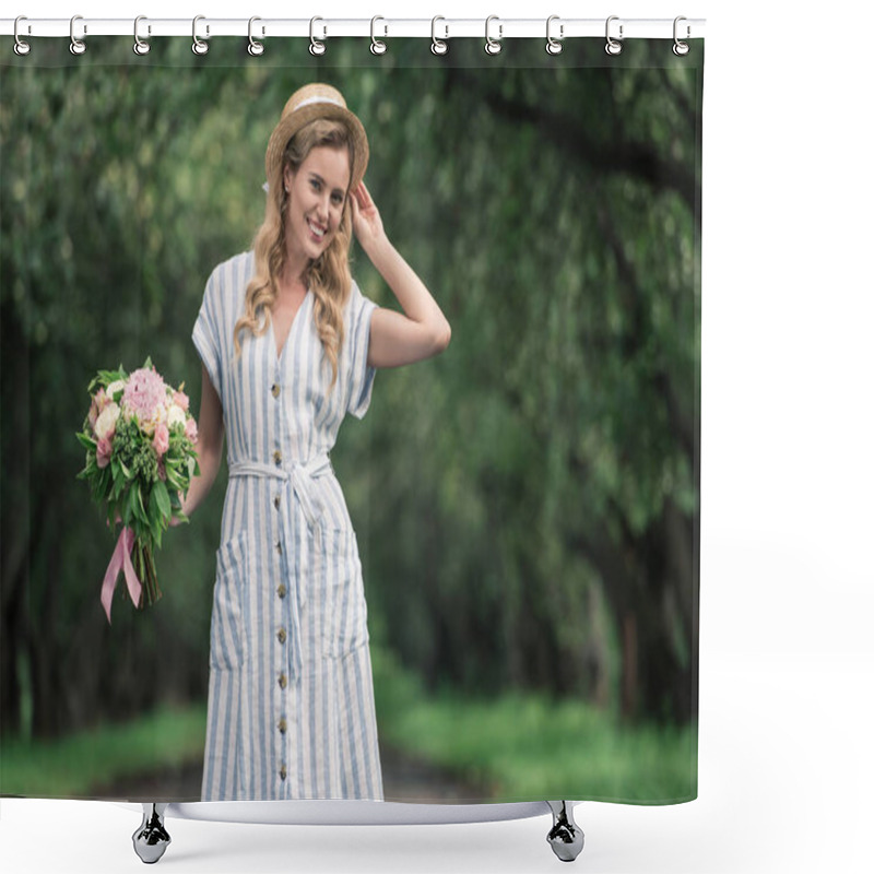 Personality  Beautiful Elegant Woman In Straw Hat With Bouquet Of Flowers Standing On Path In Park Shower Curtains