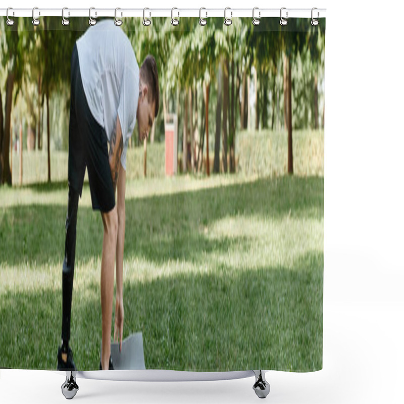 Personality  Man With Disability Exercising Outside, Showcasing Strength And Inclusivity In A Lively Park Setting. Shower Curtains