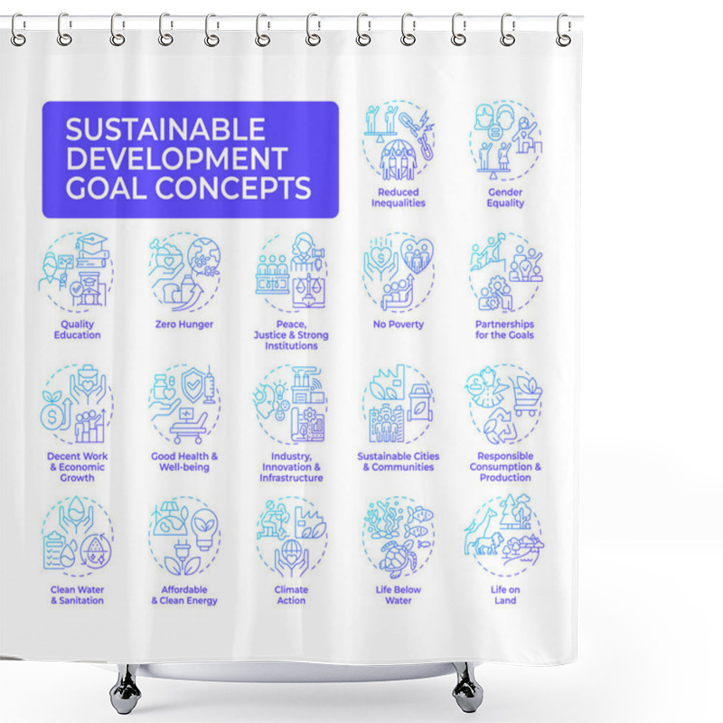 Personality  Sustainable Development Goal Blue Gradient Concept Icons. Social Justice, Equality. Ecology, Finance. Icon Pack. Vector Images. Round Shape Illustrations For Infographic, Presentation. Abstract Idea Shower Curtains