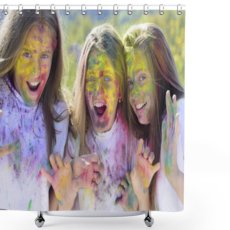 Personality  Happy Life In Teenager Time. Crazy Hipster Girls. Summer Weather. Children With Creative Body Art. Colorful Neon Paint Makeup. Happy Youth Party. Optimist. Spring Vibes. Positive And Cheerful Shower Curtains