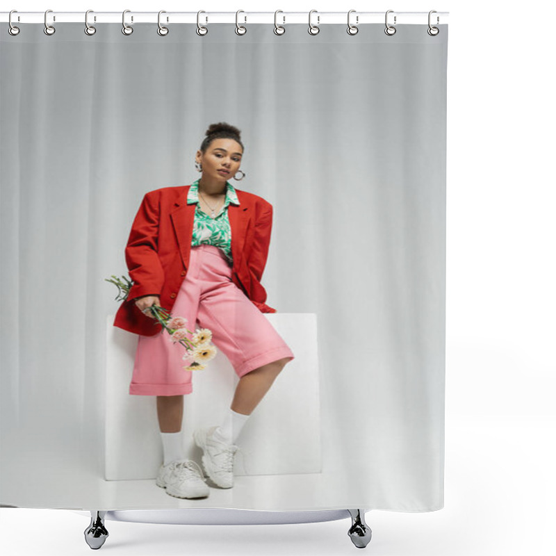 Personality  African American Woman In Stylish Red Blazer Holding Flowers And Leaning On Cube On Grey Backdrop Shower Curtains