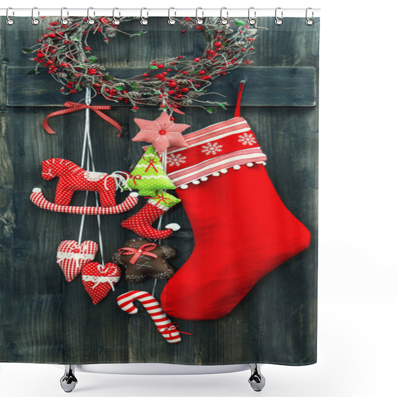 Personality  Christmas Stocking And Handmade Toys Hanging Shower Curtains