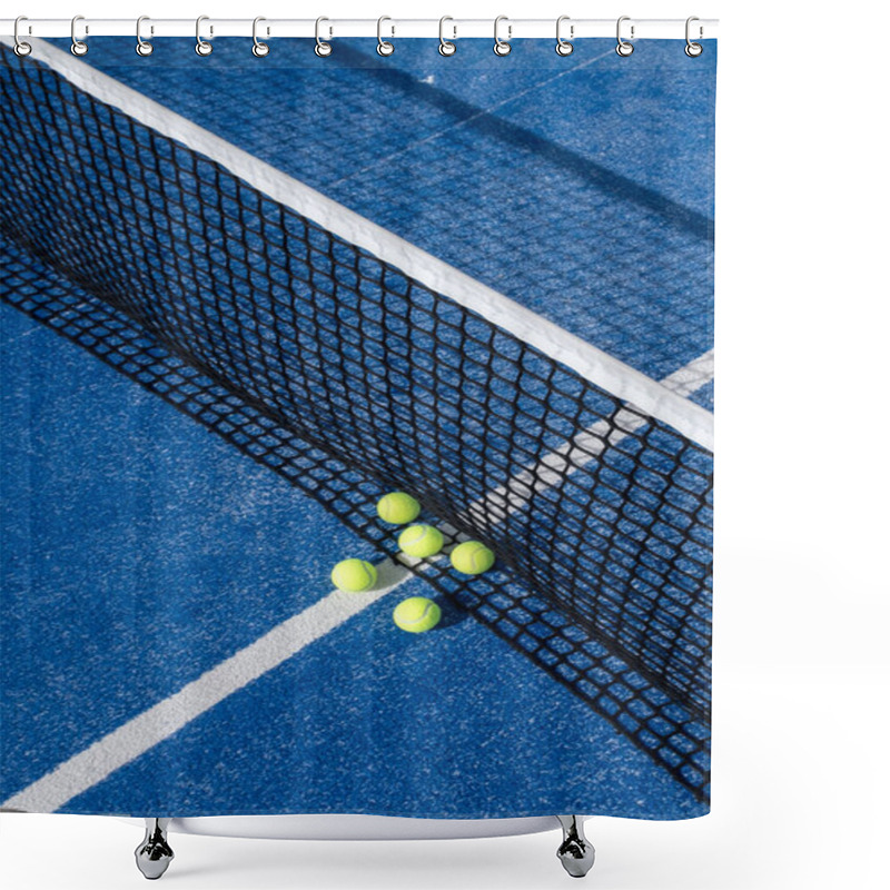 Personality  A Closeup Of Several Paddle Tennis Balls By The Net On A Blue Paddle Tennis Court Shower Curtains