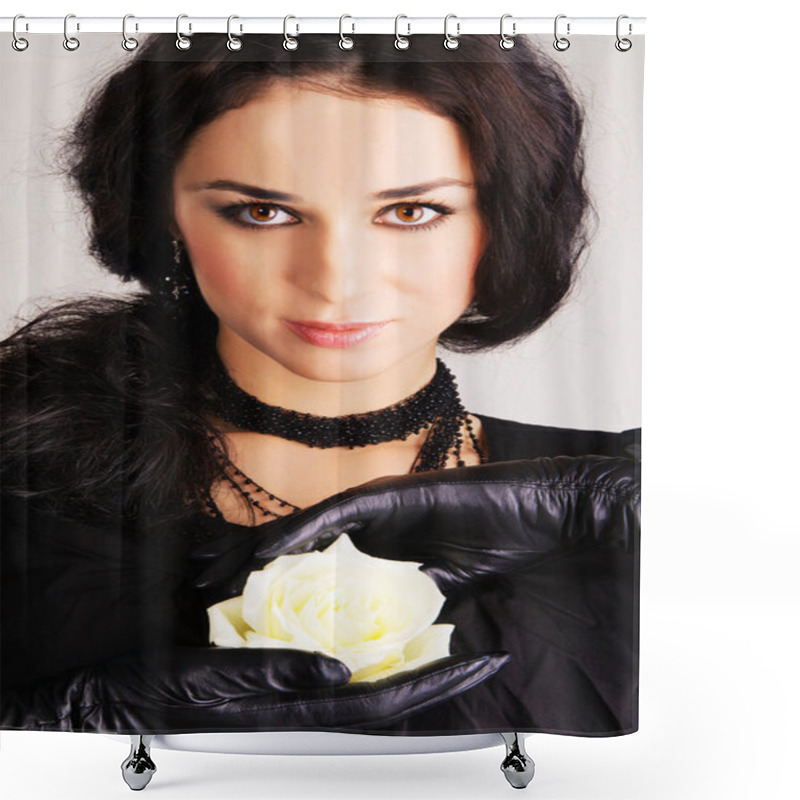 Personality  Beautiful Brunette With A White Rose Shower Curtains