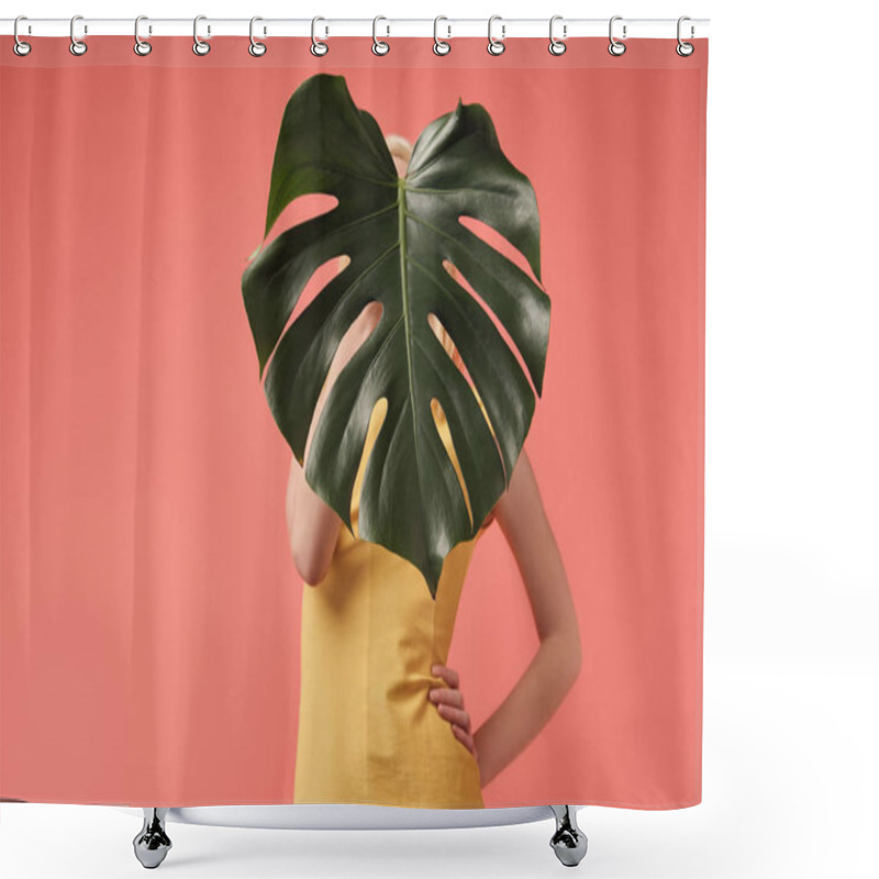 Personality  Young Woman Covering Face With Monstera Leaf Isolated On Red Shower Curtains