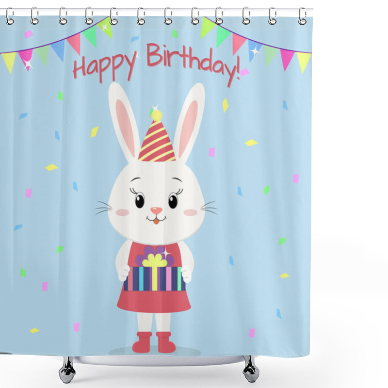 Personality  A White Rabbit In A Dress And A Hood Stands And Keeps A Gift Box In The Paws. Happy Birthday. Shower Curtains