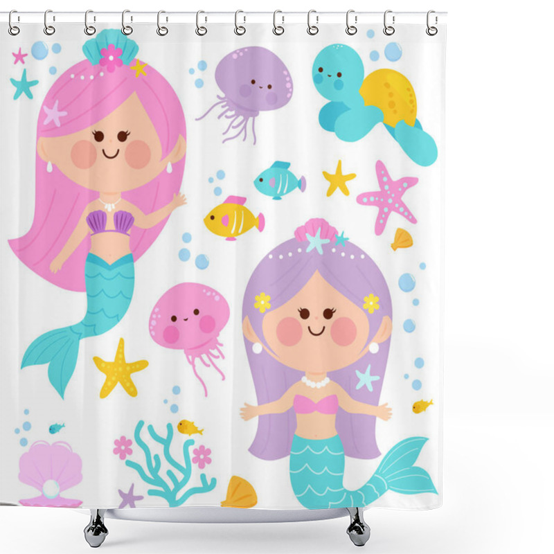 Personality  Beautiful Mermaids And Sea Animals. Vector Illustration Shower Curtains