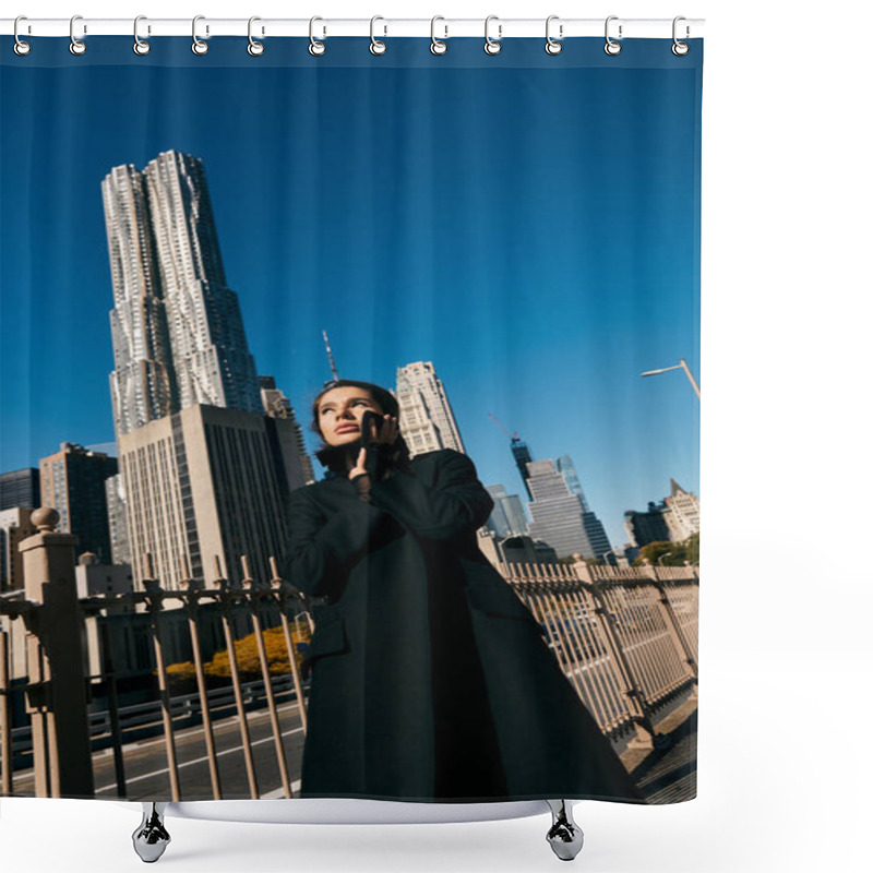 Personality  A Young Woman Poses On A New York City Street, Showcasing The Citys Skyline In The Background. Shower Curtains