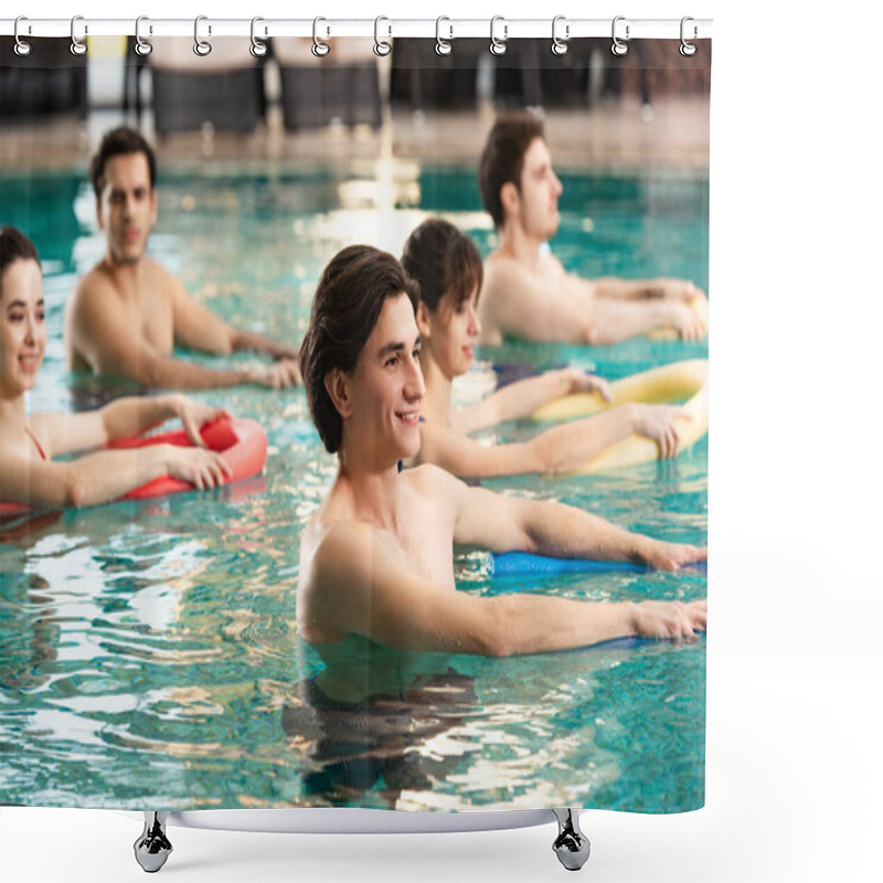 Personality  Side View Of Smiling People With Pool Noodles Training In Swimming Pool Shower Curtains