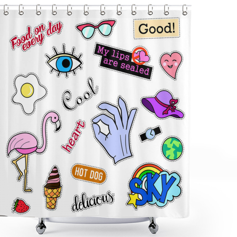 Personality  Fashion Patch Badges. Big Set. Stickers, Pins, Embroidery, Patches And Handwritten Notes Collection In Cartoon 80s-90s Comic Style. Trend. Vector Illustration Isolated. Shower Curtains