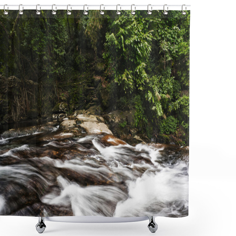 Personality  River Flowing Through A Forest Shower Curtains