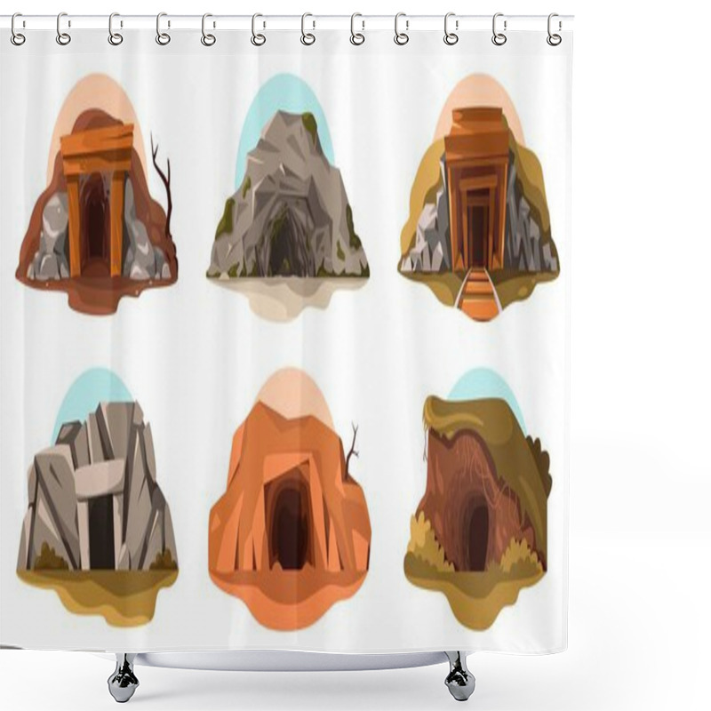 Personality  Cave Entrance. Cartoon Ancient Mine With Wooden Door, Prehistoric Abandoned Cavern With Rock Ground And Dirt. Vector Isolated Set. Outdoor Natural Cliffs Hole, Dark Tunnel Landscape Scene Shower Curtains