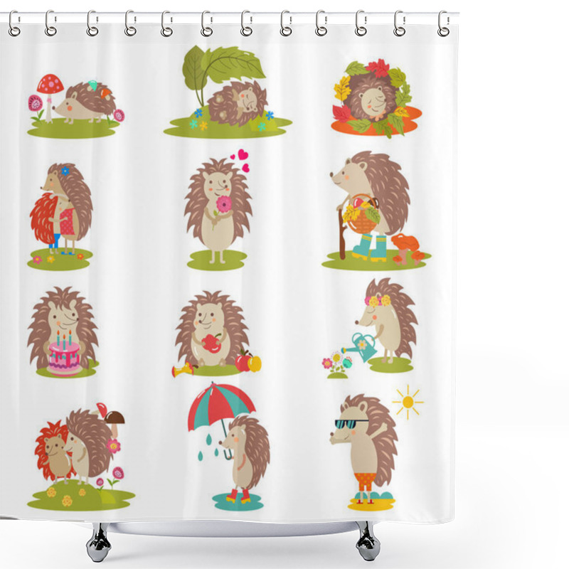 Personality  Hedgehog Vector Cartoon Prickly Animal Character Child With Cake Or Umbrella In Nature Wildlife Illustration Set Of Hedgehog-tenrec Sleeping Or Playing In Forest Isolated On White Background Shower Curtains