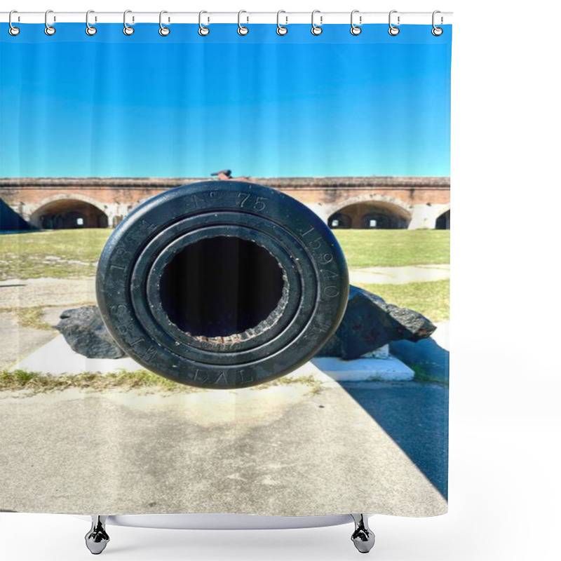 Personality  A Close-up View Of A Preserved Cannon At Fort Pickens, Florida, Showcases Its Intricate Engravings And Powerful Presence. Set Against A Blue Sky, It Evokes A Mood Of Strength And Military History. Shower Curtains