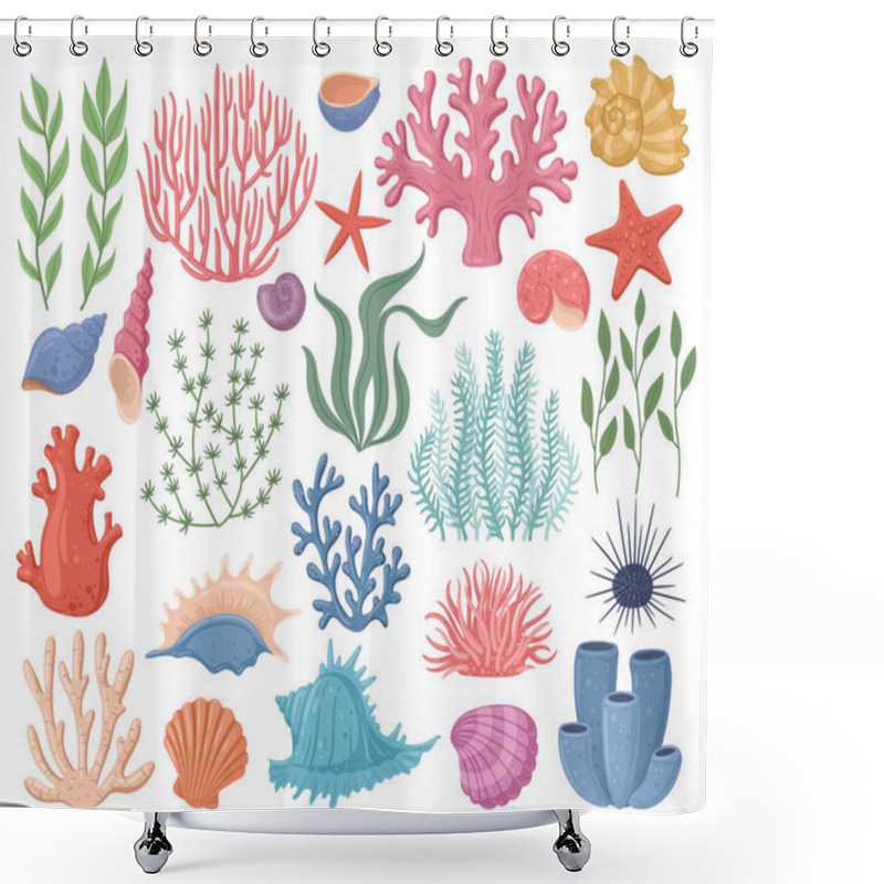 Personality  Sea Conch, Coral, Marine Clam Seashells, Cartoon Ocean Nature Starfish. Underwater Marine Flora, Seaweed, Coral Reef And Sea Shells Vector Symbols Illustrations. Ocean Life Elements Shower Curtains