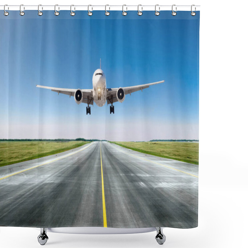 Personality  Airplane Aircraft Flying Departure After Flight, Landing On A Runway In The Good Weather Clear Sky Day Shower Curtains