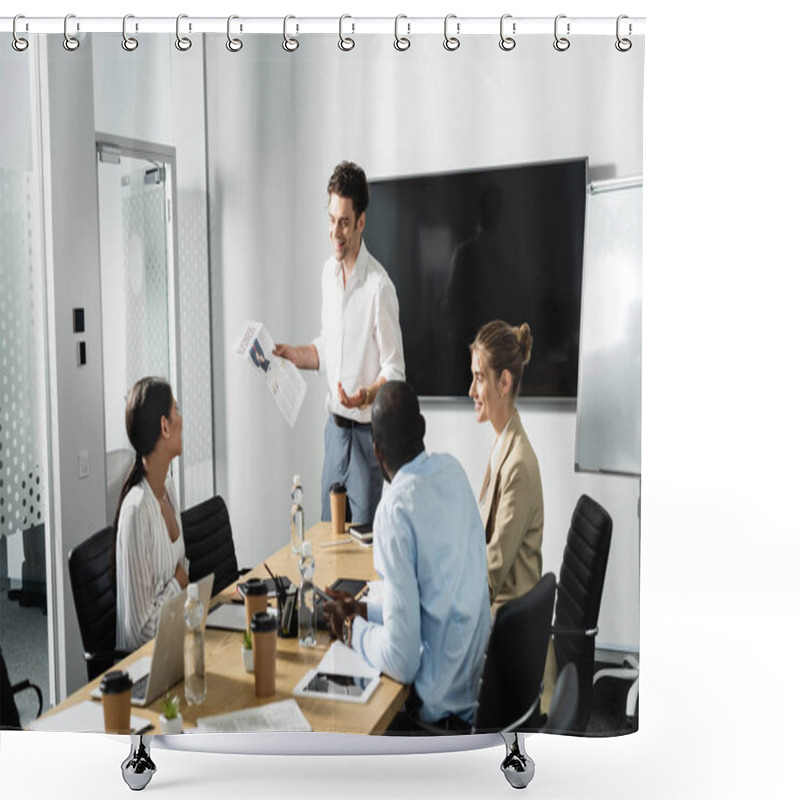 Personality  Smiling Businessman Holding Newspaper During Meeting With Multiethnic Coworkers Shower Curtains