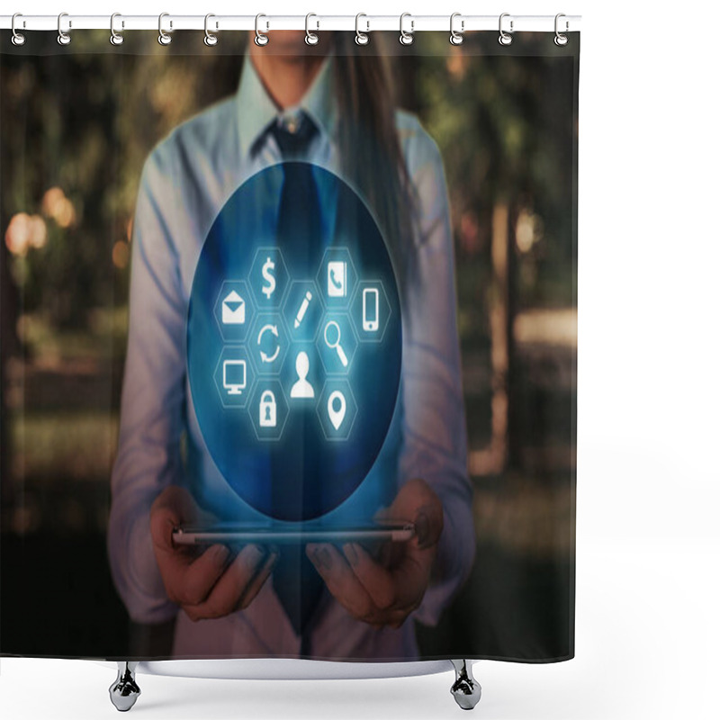 Personality  Female Human Presenting A Presentation Using The Latest Sophisticated Devices. Woman Wear Formal Working Suit Introducing How Smart Gadget Works. Photo Of Modern Life. Shower Curtains