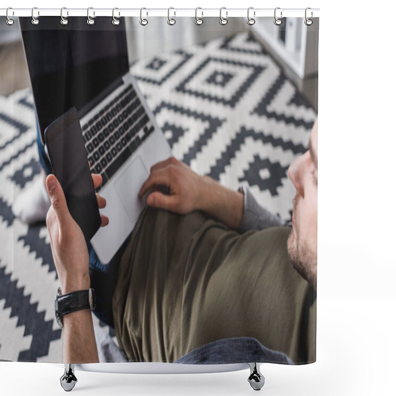 Personality  Young Man Working With Laptop And Networking With Smartphone While Sitting On Floor Shower Curtains