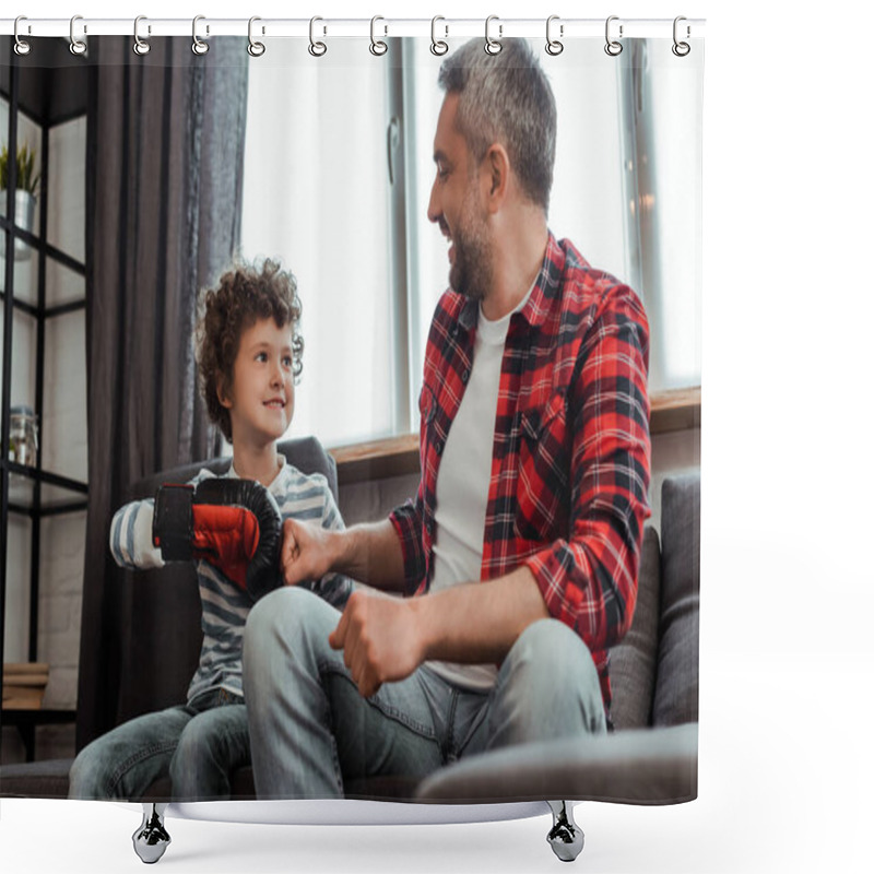 Personality  Happy Kid In Boxing Glove Bumping Fists With Cheerful Father In Living Room Shower Curtains