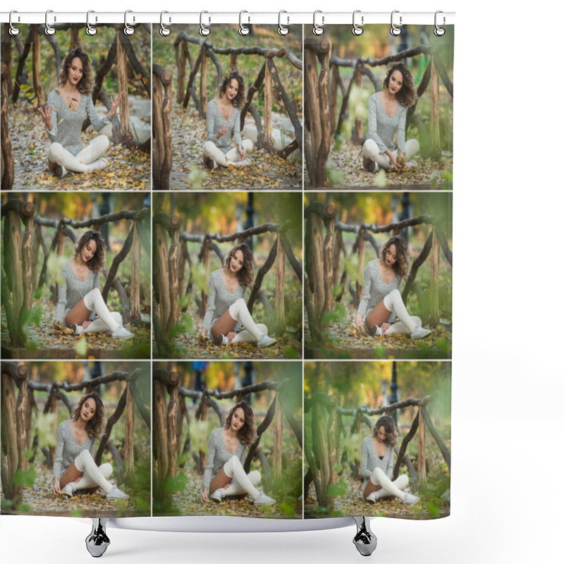 Personality  Sensual Girl With Long Legs Lying Down In An Autumnal Scene.Long Legs Attractive Blonde With Curly Hair Relaxing In Autumnal Park.Fashionable Young Woman Posing In The Forest With White Woolen  Socks Shower Curtains