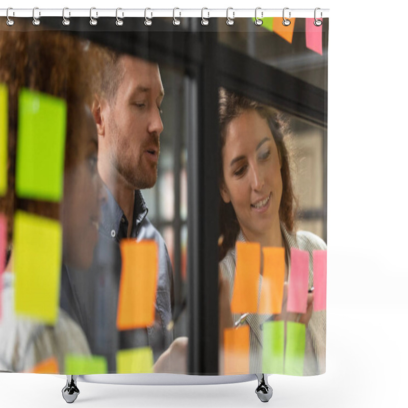 Personality  Close Up Headshot Smiling Diverse Colleagues Working Near Kanban Board. Shower Curtains