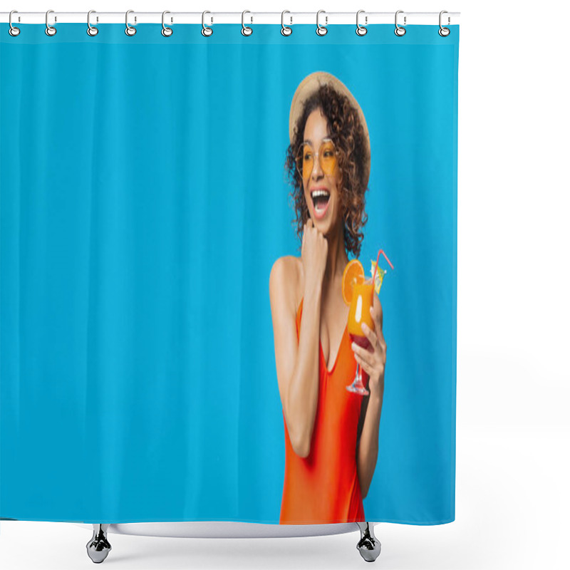 Personality  Laughing African American Girl With Summer Cocktail Looking At Copy Space Shower Curtains