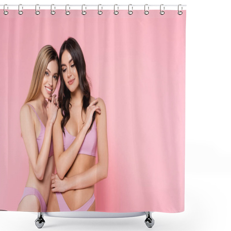 Personality  Young Woman Embracing Friend In Swimwear Isolated On Pink  Shower Curtains